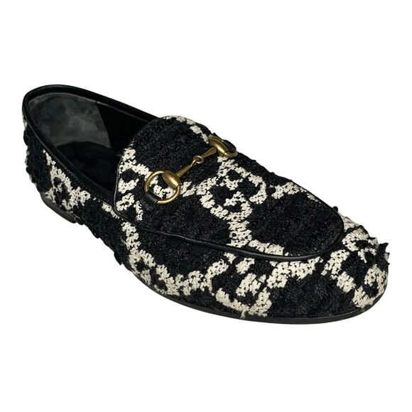 Gucci Brixton Tweed Apron-Toe Loafers Size EU 37 US 7 Black White Horsebit Flats - Picture 1 of 13